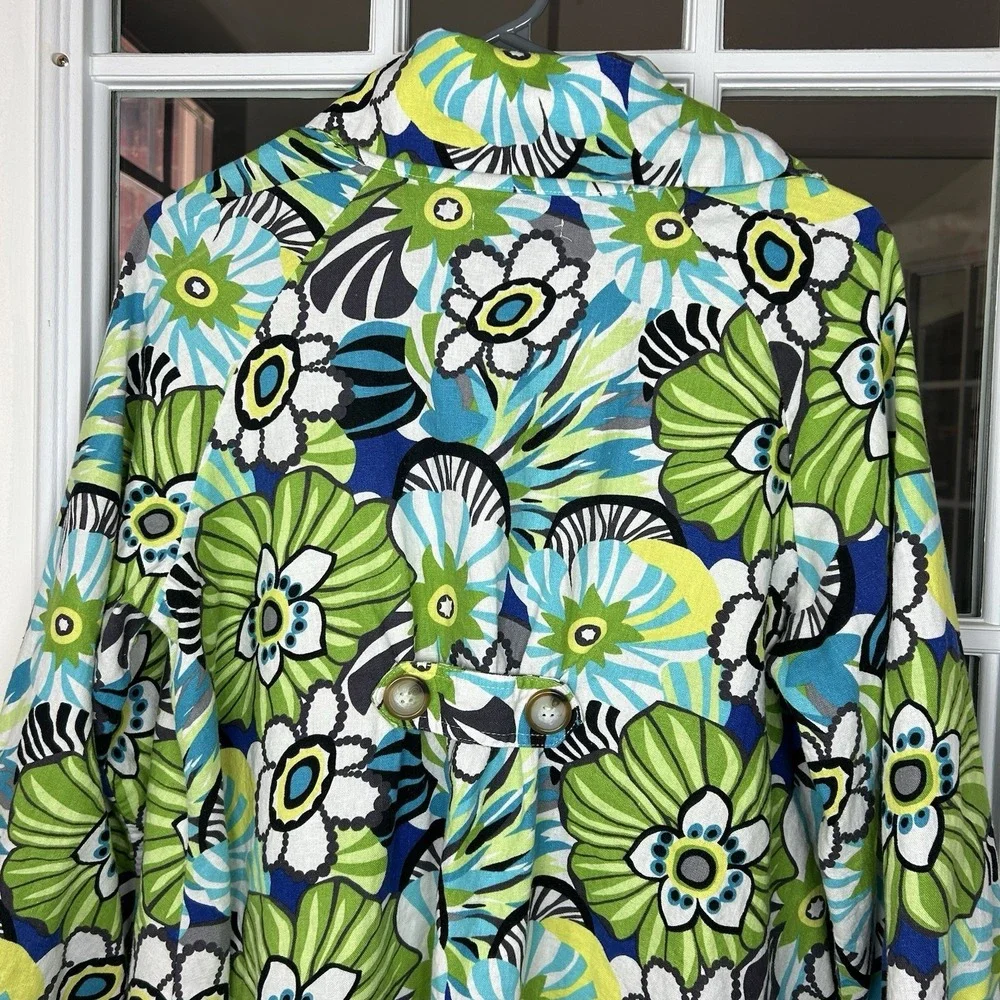 For Cynthia Linen Blend Floral Print Button Down Top Roll Tab Cuff Tunic Size L‎